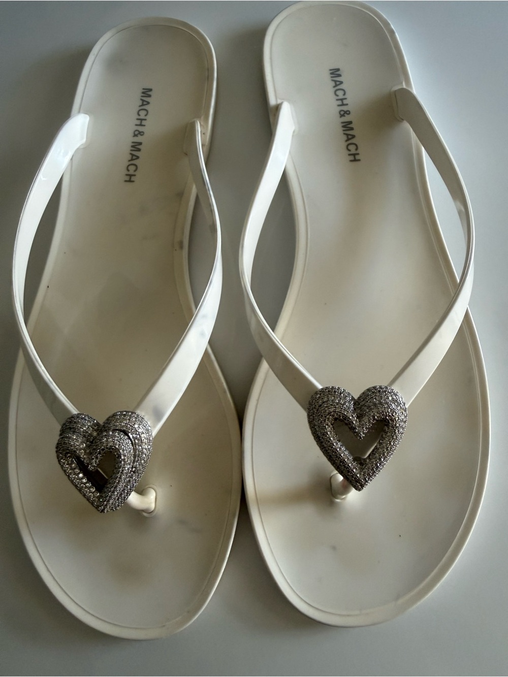 MACH & MACH White Heart-Embellished Flip Flop Sandals